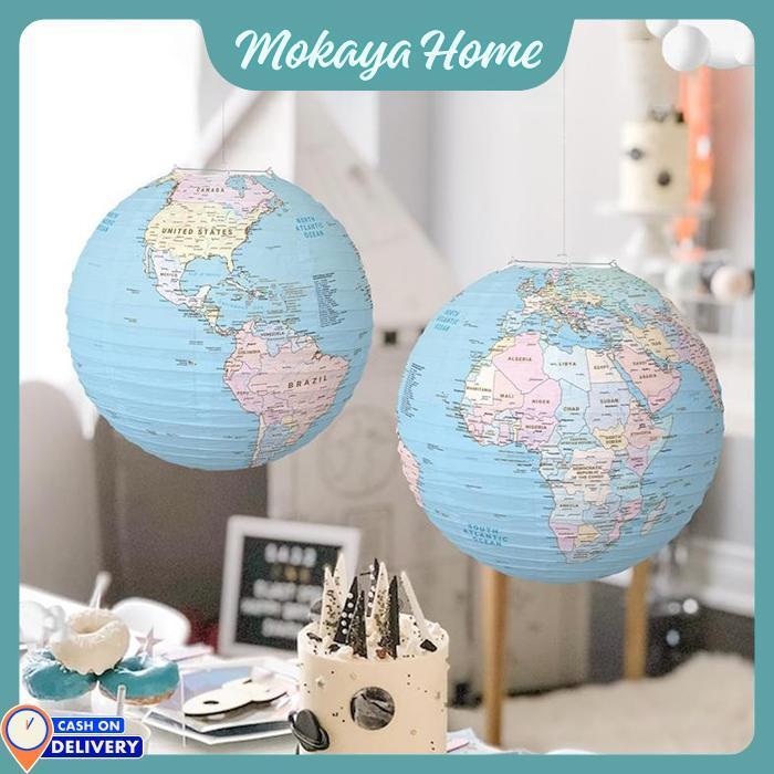 Mokaya Home - 1Pasang Kertas Gantung Peta Dunia / LED Lampion Kertas Gantung / Globe Bola Dunia Lamp