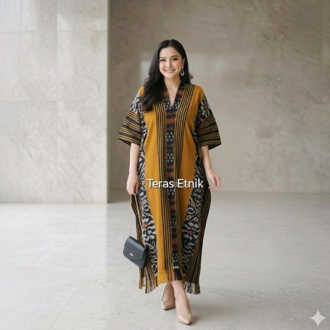Kaftan Tenun Wanita Motif Bunga Tenun Premium - Baju Kaftan Jumbo Wanita - Kaftan Tenun Lebaran