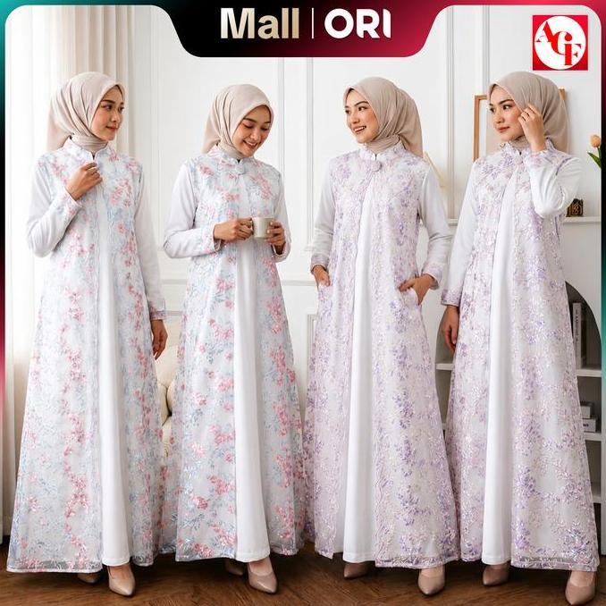 Agnes Hijab | Gamis Abaya 2026 Putih Set Outer Bunga Mewah Simple Elegan 863