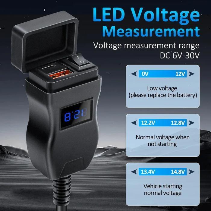Extractme Charger Motor Voltmeter Anti Air Qc 3.0 Pd Usb Type C Yc-A83Pd Kabel 90Cm Dual Port Usb & 