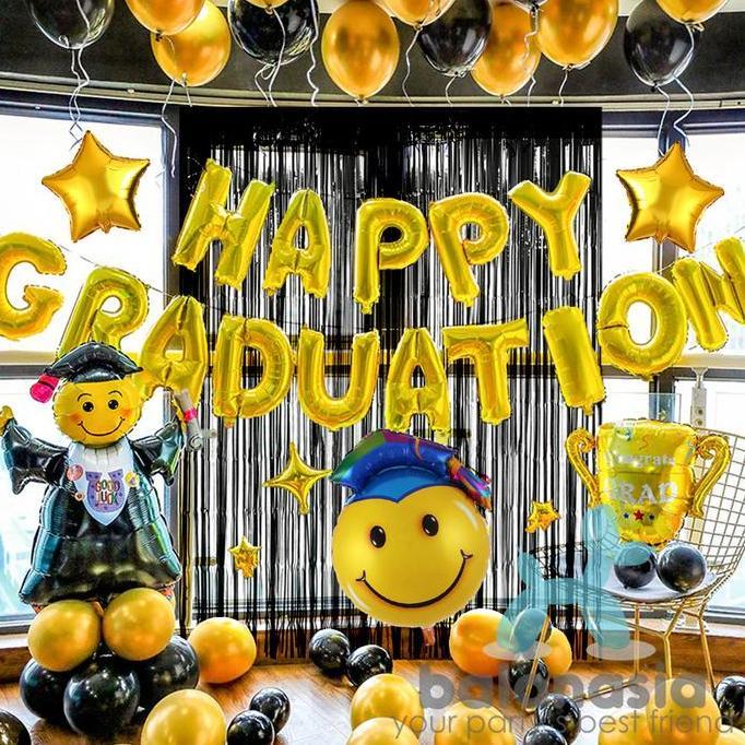 Dekorasi tema wisuda sekolah / graduation Biru Gold