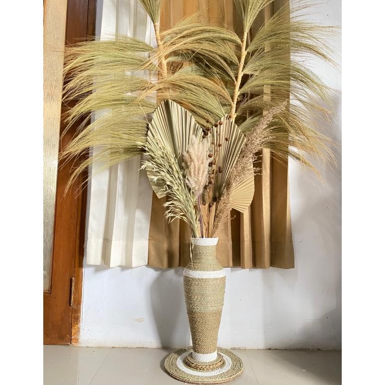 Paket Jumbo Bunga Kering dan Pot Guci Tinggi 50cm | Daun Palem Kering | Dekorasi Rustic | Dekorasi R