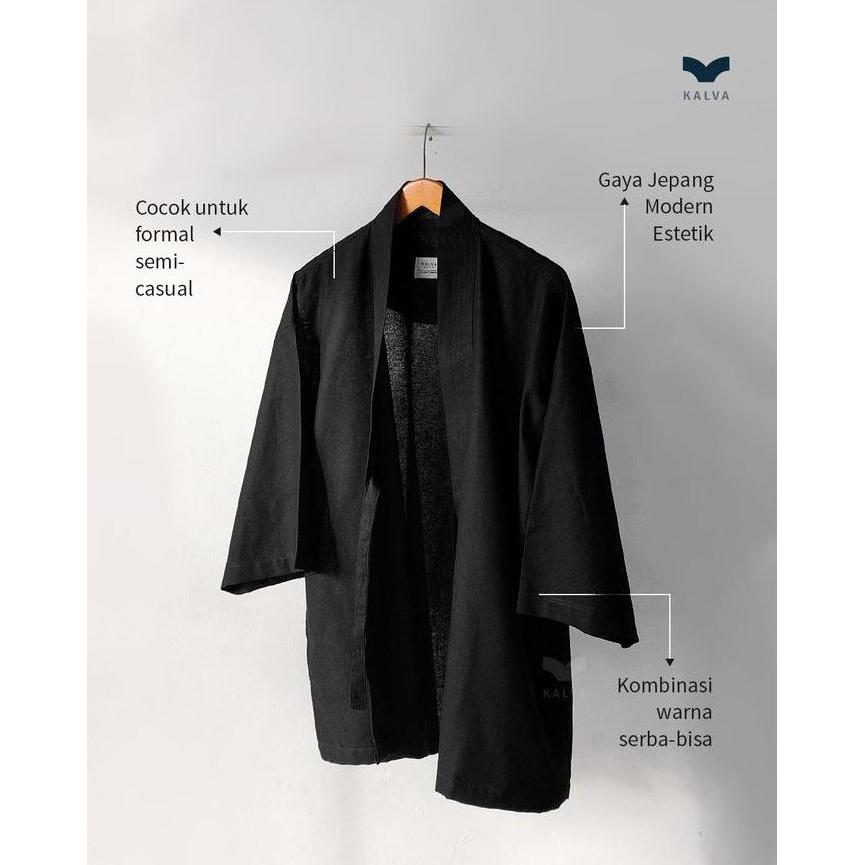Outer Pria Kimono Noragi Hitam Kalva Basic Series Black Charcoal | Jaket Kimono Casual LJ