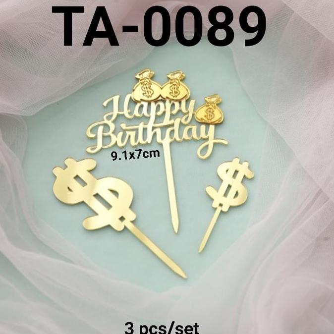 ] TA-0089 Cake topper akrilik happy birthday uang dollar kantong emas