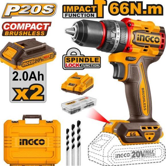 MESIN BOR IMPACT DRILL CORDLESS 20V BRUSHLESS (13mm) 66 Nm INGCO CIDLI20668-SE - Bor Tembok