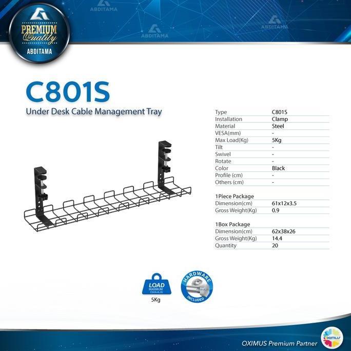 Oximus C801 Compact Clamp-On Under-Desk Cable Management Tray Rak Kabel Meja Jepit Tanpa Bor, Pemasa