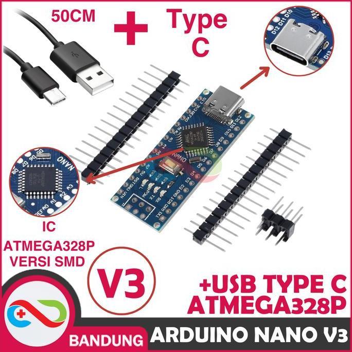 Arduino Nano V3.0 Atmega328P Type-C Plus Kabel Ch340 Hq Ic Original