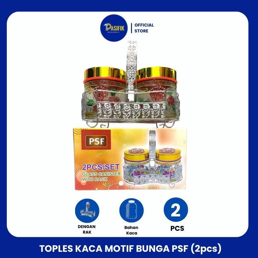 Toples Kaca Motif Bunga Dengan Rak / Toples Kaca Lebaran ( Isi 2 )