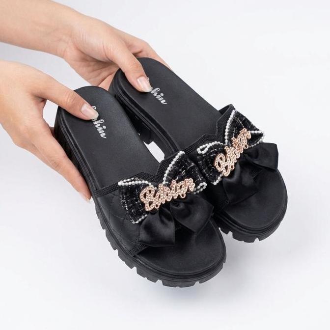 Good- Sandal Selop Karet Nita Hak 5 Cm Fushin Motif Pita Hak Sedang 2 Jelly Open Toe Wedge Sendal