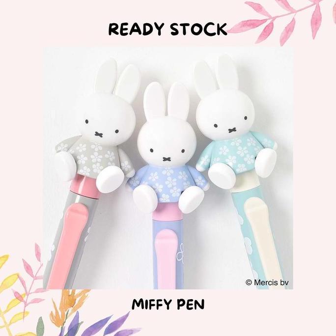 Miffy Floral Pen Pulpen Alat Tulis Lucu Gray Blue Green Orange Sitting Action Moving Hands Original 