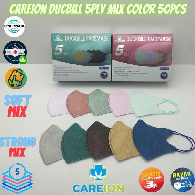 Bebasaja- Masker Duckbill 5 Ply Careion 5 Mix Color Warna Isi 50 Pcs 5 Ply