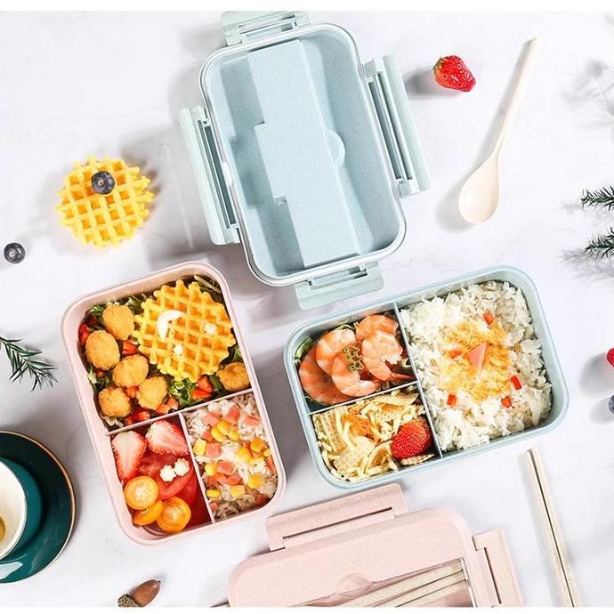Pack- Kotak Makan/Lunch Box 3 Rna Pp Jerami Gandum 1000 Ml Lunch Box With Free Sendok Bpa /Vs