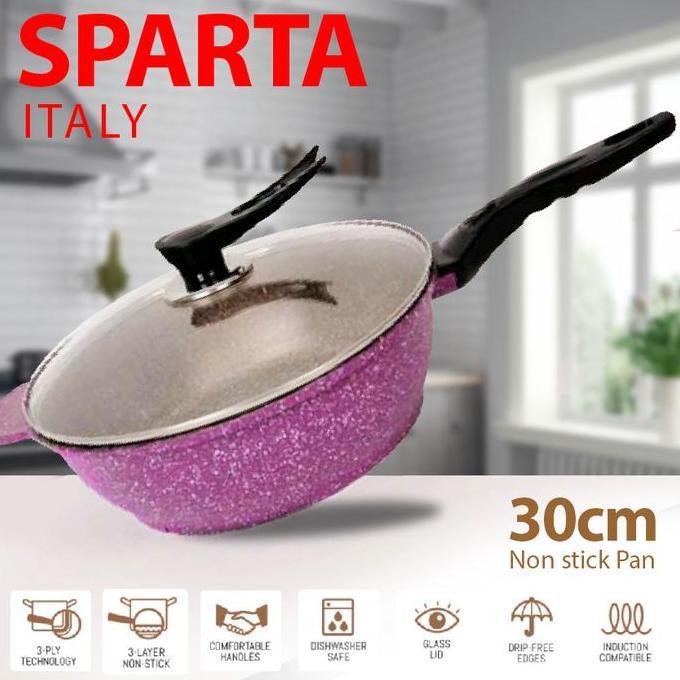 PREMIUM / Panci Anti Lengket Sparta Italy Wok Diameter 30 cm l Gratis Lid Kaca dengan lis Stainless