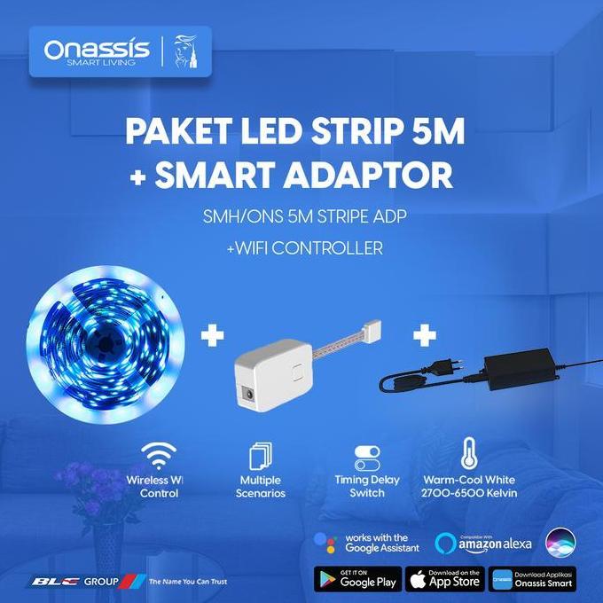 Murah Onassis Paket Bundling Led Strip 5M & Smart Adaptor 4-10M Wifi Control 350Lm/M 2.5W/M 2700-650