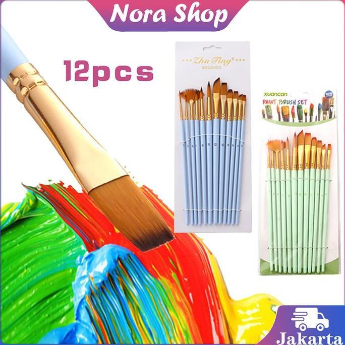 IUMAORI 12pcs Kuas Lukis Set Kuas Cat Minyak Nilon Kuas Melukis Lengkap Perlengkapan Seni