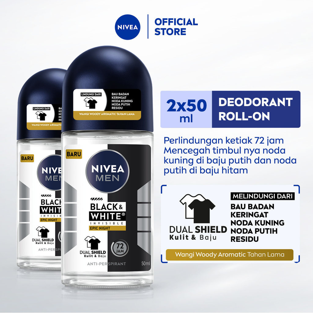 [PAKET HEMAT ISI 2] NIVEA MEN Deodorant Roll On Black & White Invisible Epic Night 50ml - Perlindung