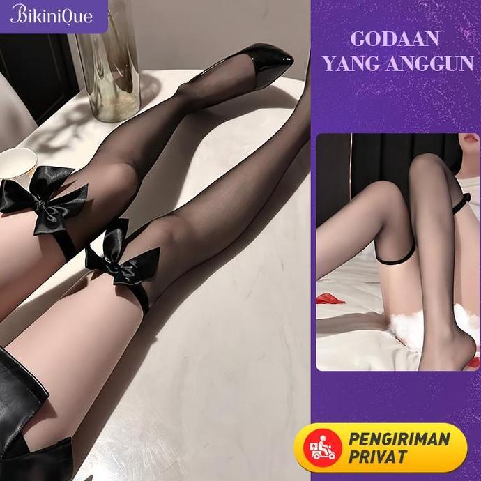 DS262 - BikiniQue Stocking Hitam Panjang Wanita Seksi  Tipis Motif Pita di Paha  High Thigh Stocking