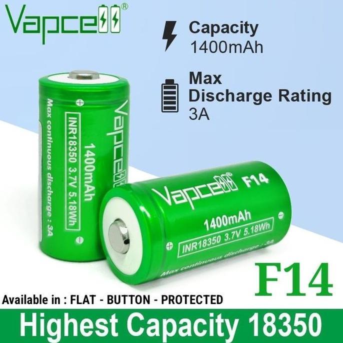 BATERAI 18350 1400MAH SENTER LED HIGH CAPACITY BATTERY 3.7 VOLT VAPCELL F14 *
