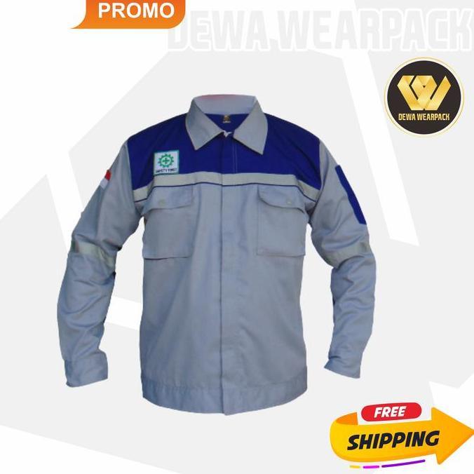 WEARPACK SAFETY KEMEJA ATASAN WARNA ABU MUDA KOMBINASI BIRU