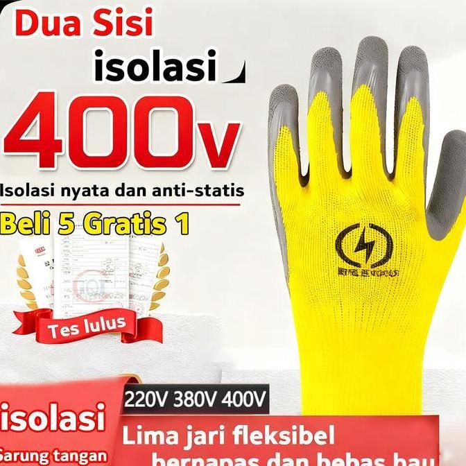 Sarung Tangan Berinsulasi 400V Sarung Tangan Listrik Premium Bahan Lateks Kuat 400V Karet Tahan Api 