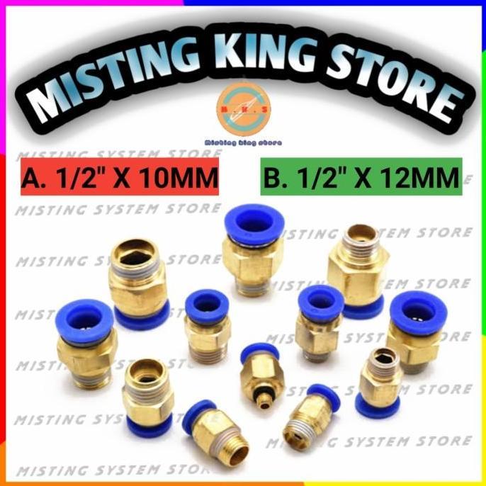 FITTING PNEUMATIC 10 MM 12 MM KE DRAT LUAR 1/2 INCH SELANG PU STRAIGHT