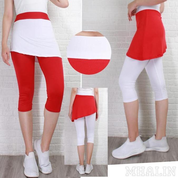 MIDEOFU Celana rok senam Putih Merah 7/8 - Rok Lejing Senam Wanita Sport