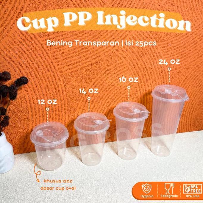 Gelas Plastik Injection Bening Transparan + Tutup 12oz 14oz 16oz 24oz / Gelas Kopi Strawless / Cup M