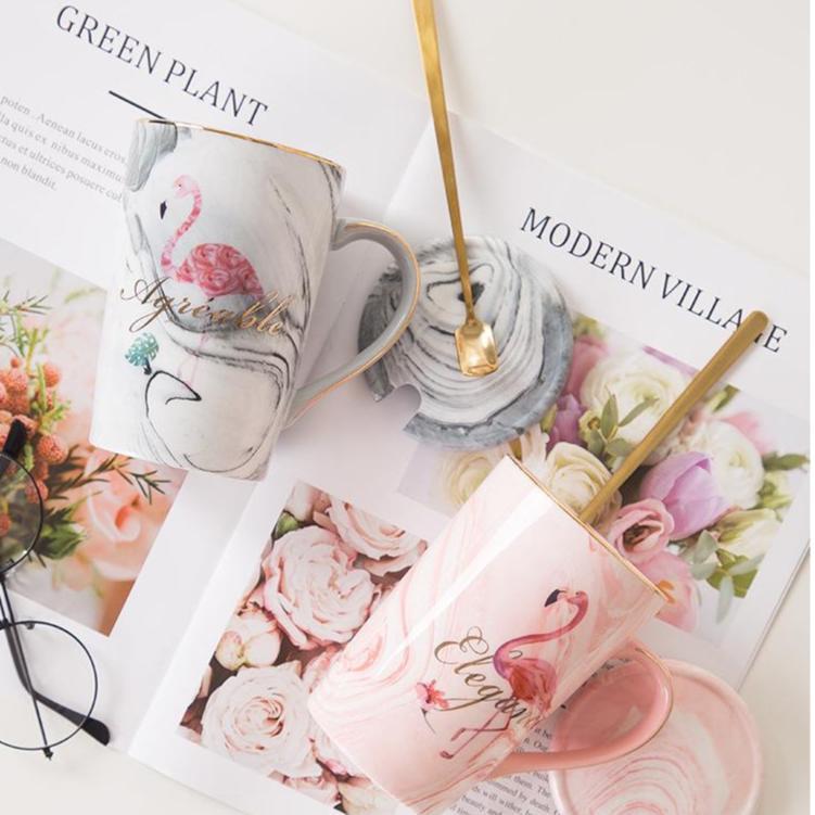GELAS KERAMIK MARBLE COUPLE FLAMINGO LENGKAP DENGAN TUTUP DAN SENDOK/ GELAS COUPLE MARBLE UNTUK GIFT