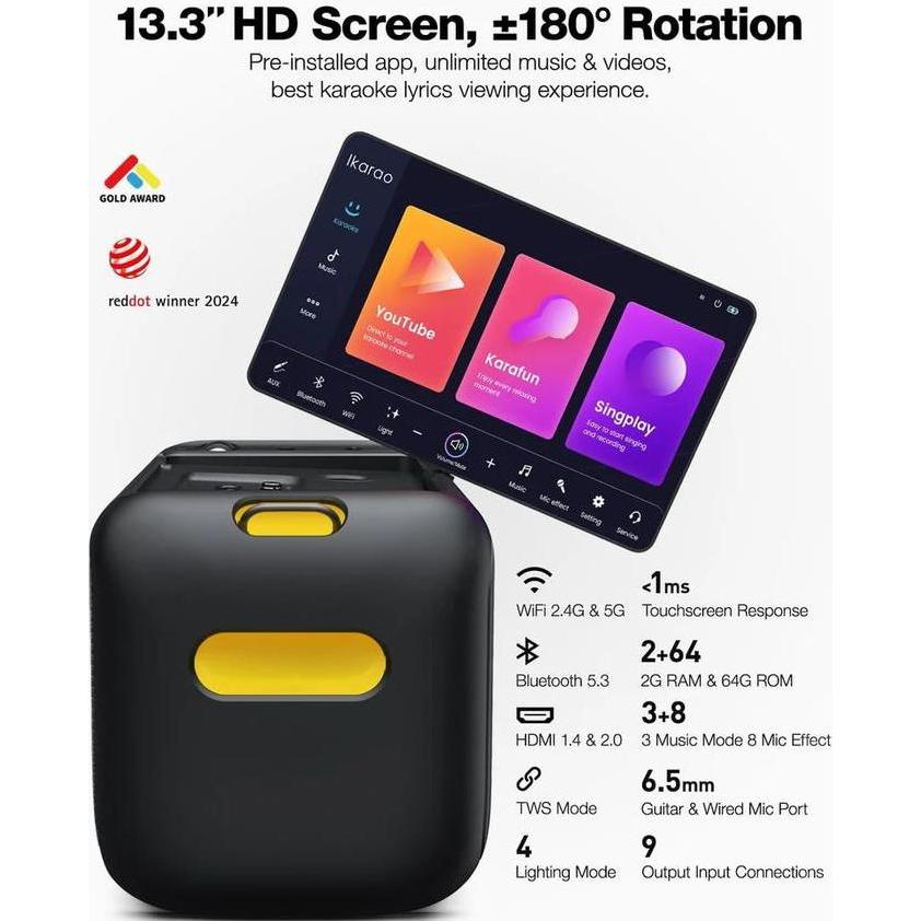 IKARAO BREAK X1 PREMIUM PARTY BOX SMART KARAOKE MACHINE 13.3" INCH SCREEN WITH 2 MIC SPEAKER