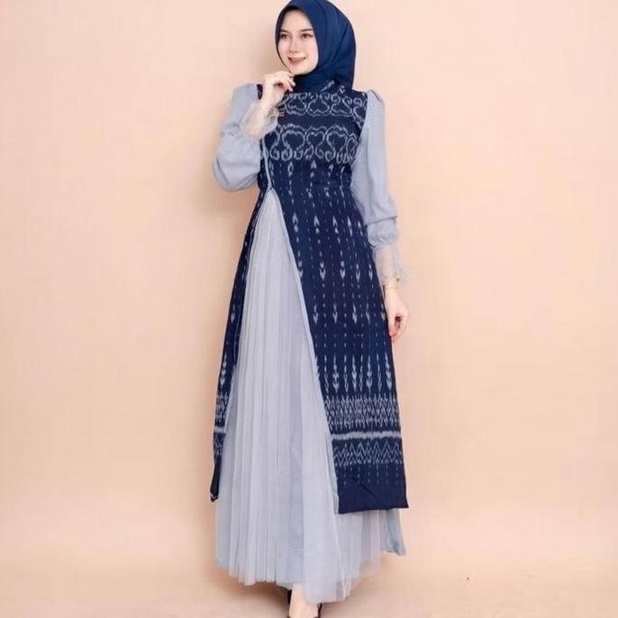 Baju Outfit Tenun Set couple RAINA Navy Kemeja Pria Gamis Perempuan Baju Couple Pasangan Baju Lebara