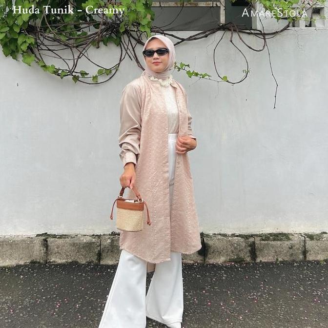 Amarestola - Huda Tunik / Tunik Lengan Panjang Katun Bordir Coksu Putih Hitam Sage TU