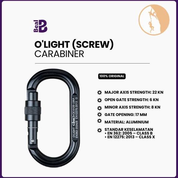 Karabiner Panjat Tebing - Beal O'light (Screw) Black / Oval Aluminium Carabiner