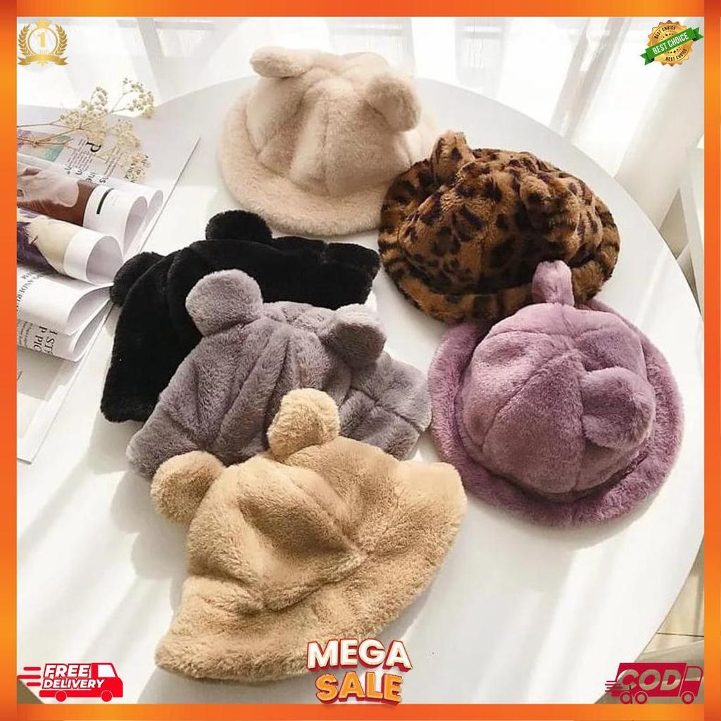 Topi Bucket Bulu Beruang Telinga/Bucket Hat Bulu Lembut Hewan [K2]