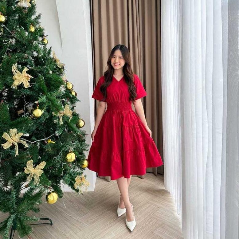 HOT PRODUCT VERA MIDI DRESS | BAJU DRESS NATAL CHRISTMAS MAROON EMERALD