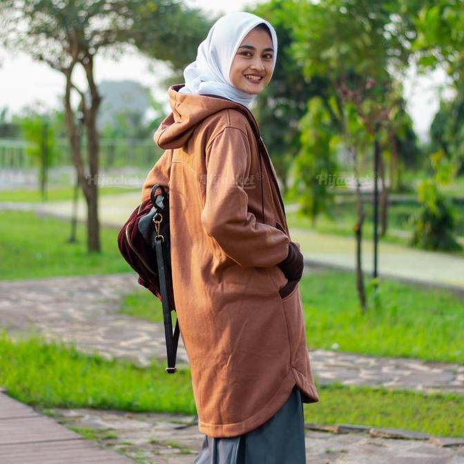 Free Souvenir - Best Seller | Hijacket Elektra Brown | Jaket Wanita Muslimah Syar'I Panjang | Hoodie