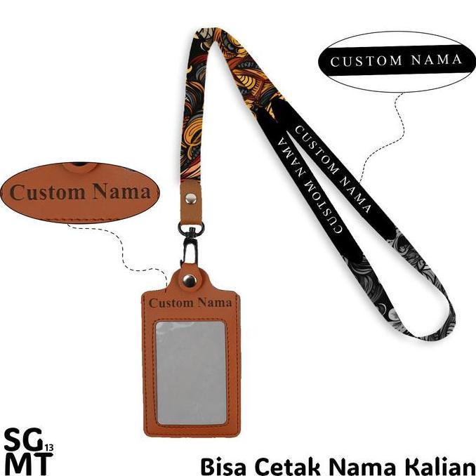 Id Card Holder Custom + Lanyard Kulit - Lanyard Custom Nama Satuan Name Tag Id Card Holder Leather