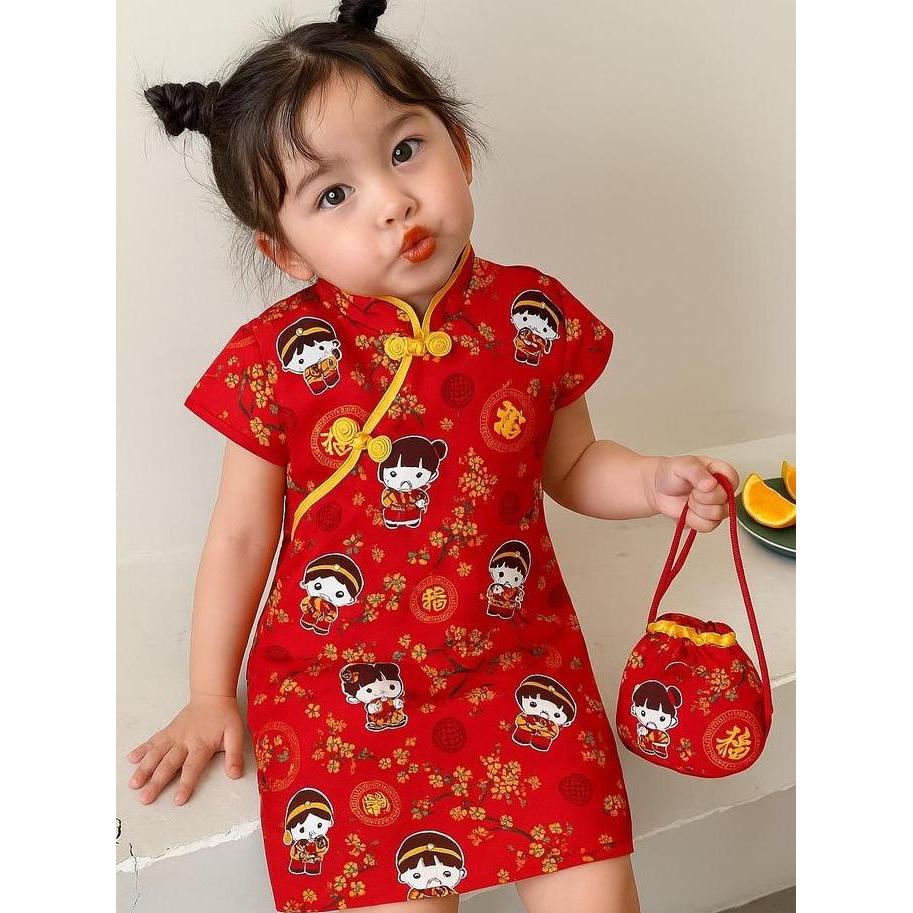 Pahseller_ - Cheongsam Baju Cina Dress Anak Perempuan Model Lurus Cantik Motif - Fashion