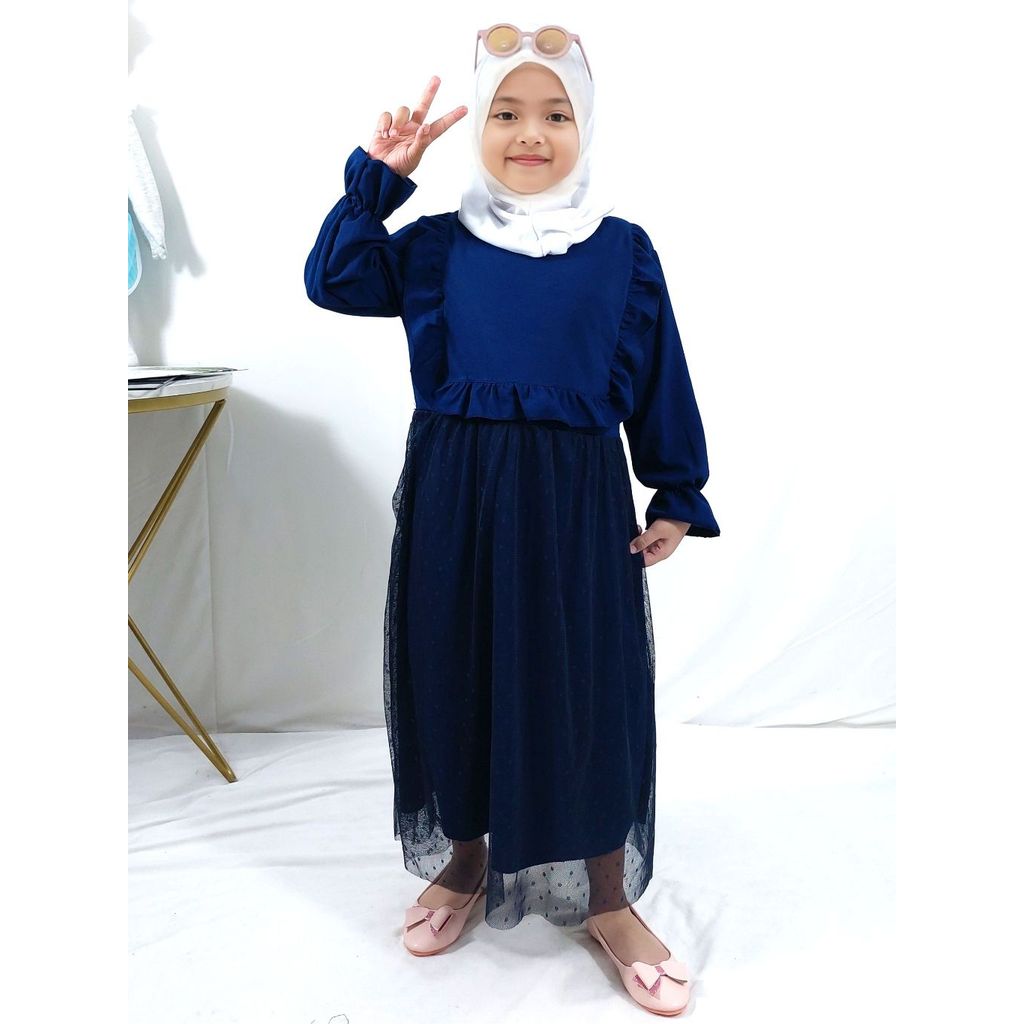 gamis anak motif polkadot dengan ruffle tile melody