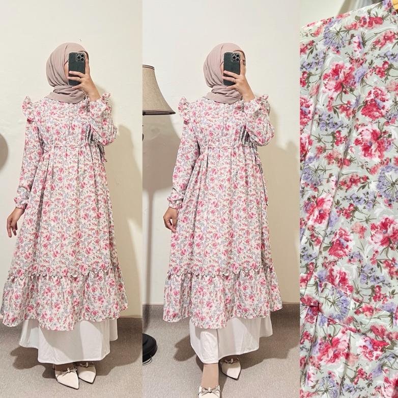 [Cod] Tunik Midi Gamis Crepe Ceruty Babydoll Rayon Motif Bunga Busui Friendly - Midi Dress Ceruti Ke