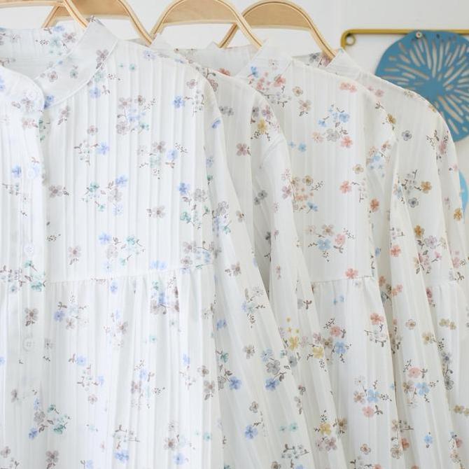 Kemeja Wanita Semi Tunik  / Top Atasan Blouse Panjang Motif Bunga / Semi Tunik Motif Bunga Lengan Pa