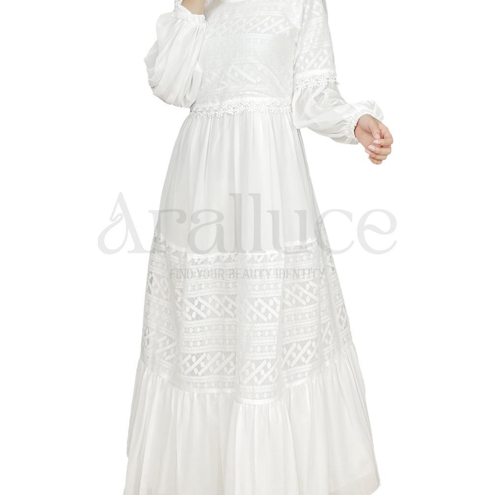 FAVORIT Baju Dress Gamis Putih Wanita Muslim By ARRALUCE Kekinian Terbaru ARL 048 / Gamis Brukat Bro