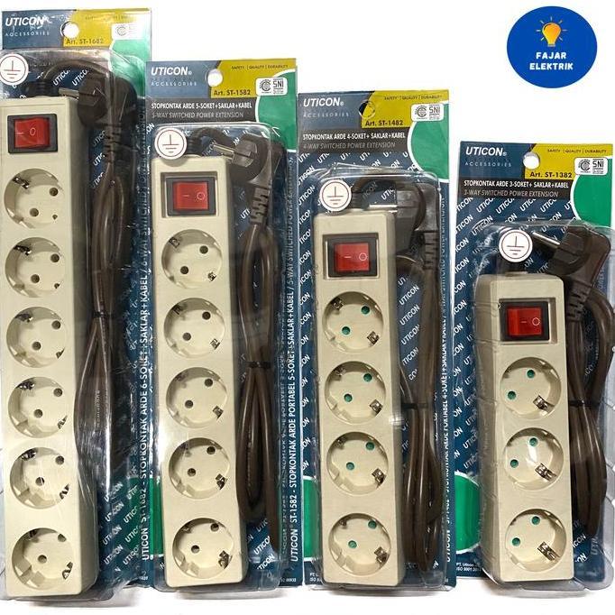 Denki- Uticon Stop Kontak 6 Lubang / Stop Kontak Uticon + Switch + Kabel
