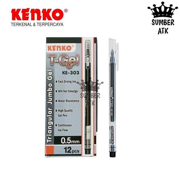 Stationery- Gel Pen Ke-303 T-Gel Triangular  12 Pcs ( 1 Lusin ) Kenko / Pulpen / Pena 0.5 Mm Black B