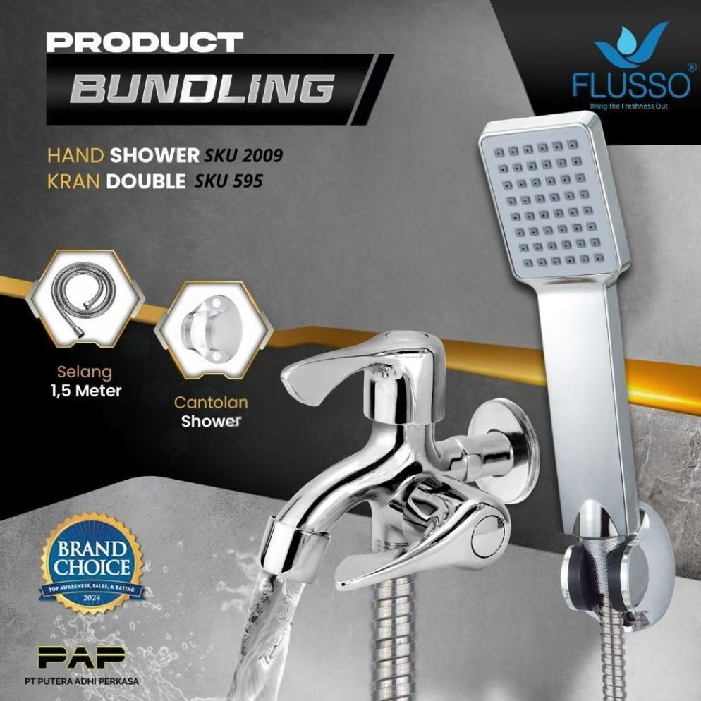 Flusso Paket Hemat Shower Set Komplit + Keran Double Flusso Original Garansi Series 595
