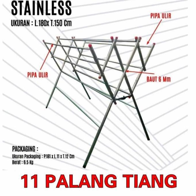 Sentaku- Takashimoerah Jemuran Pipa Stainless Steel 180Cm Palang 9 & 11 Bonus Canteran Hanger Diamet
