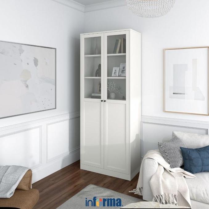 Terlaris Informa Logan Rak Buku Pintu Kaca Half - Putih Lemari Pajangan Tempat Penyimpanan Rak Serba