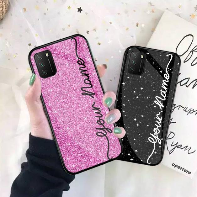Custom Nama Softcase Glass Glitter Untuk Semua Tipe HP - Softcase Glass - Custom Case Nama - Softcas