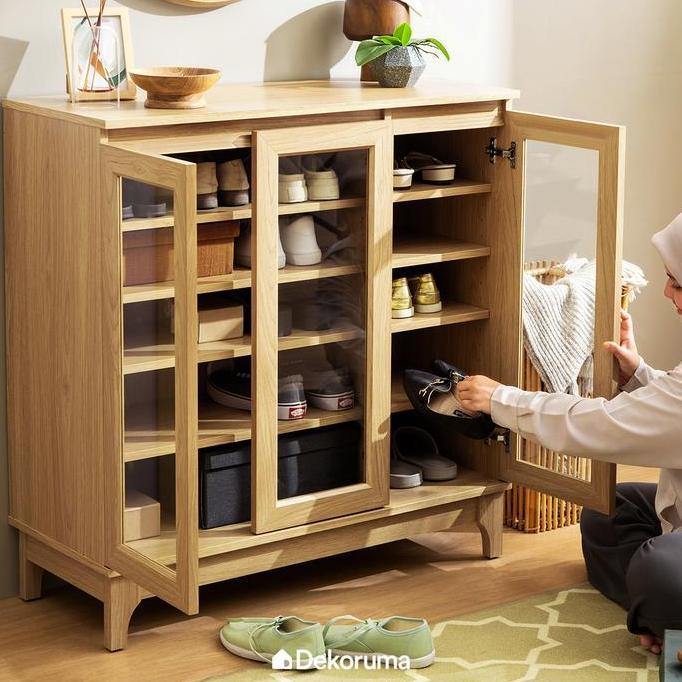 Grosir Dekoruma Nara Lemari Sepatu Kayu Olahan Rak 5 Susun Minimalis - Shoe Cabinet 3 Pintu Kaca