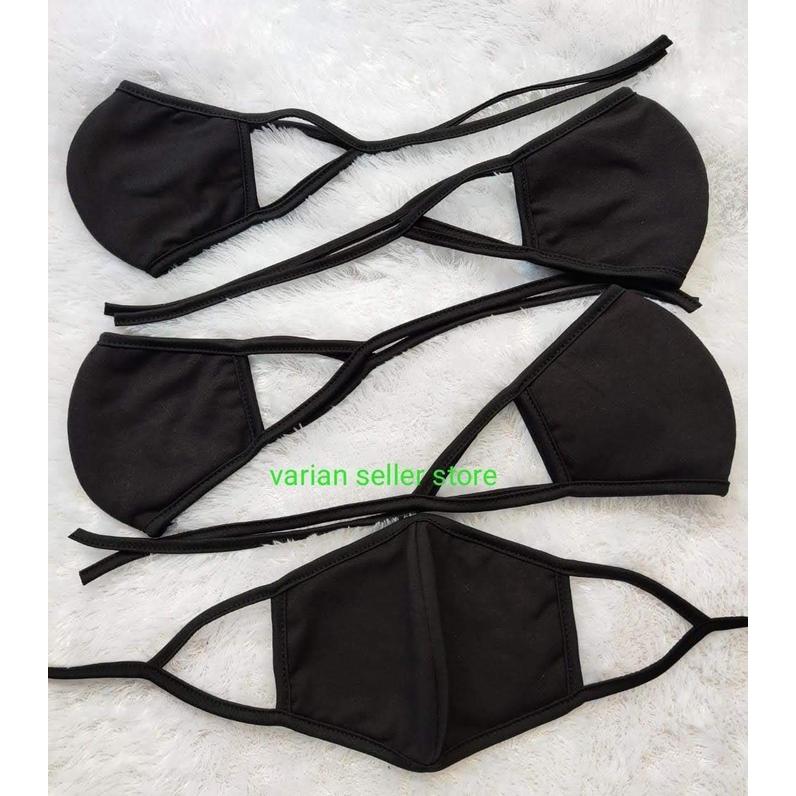 Bisa Cod - 12 Pics Masker Kain Tali Panjang Hijab 3 Play Hitam Earloop Ikat Belakang
