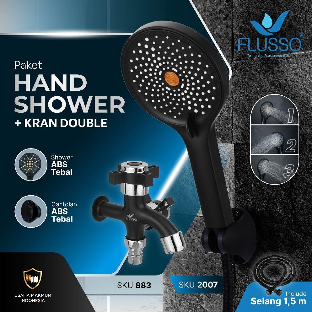 Flusso Paket Hemat Shower Set Komplit + Keran Double Black Gold Kuningan Flusso Garansi 1 Tahun